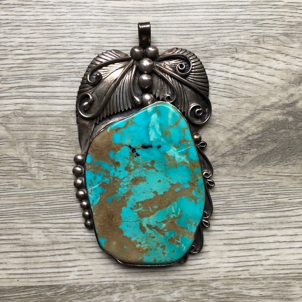 HUGE Vintage Navajo Kingman Turquoise 925 Sterling Silver Pendant Statemnt Piece - Picture 4 of 17